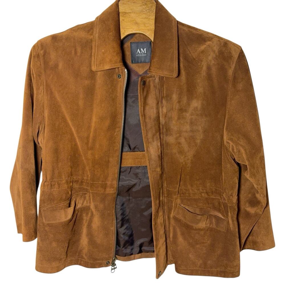 AM Studio Suede Leather Coat Jacket Men's Size Large Brown Full Zipper Lined